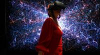 a woman in a red dress wearing a virtual reality headset