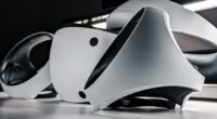 a pair of speakers sitting on top of a table