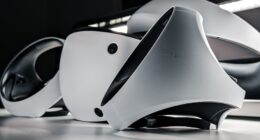 a pair of speakers sitting on top of a table